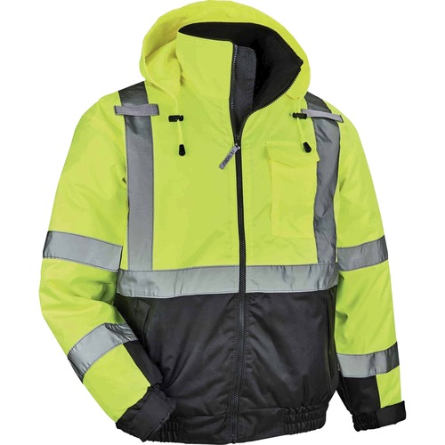 GloWear 8377 Type R Class 3 Hi-Vis Quilted Bomber Jacket - Recommended for: Accessories, Construction, Baggage Handling, Gloves, Transportation - Medium Size - Velcro Strap - Drawstring Closure Closure - Polyurethane, Polyurethane - Lime - Machine Washabl