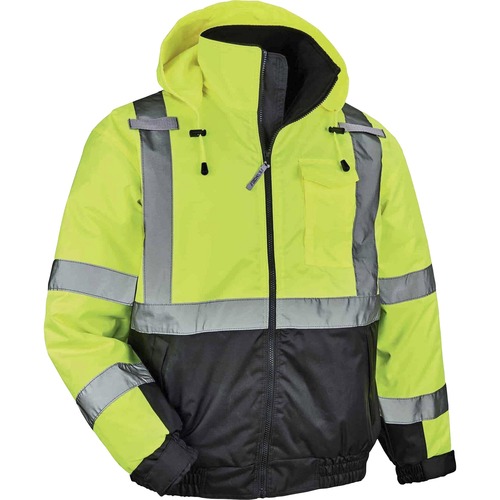 GloWear 8377 Type R Class 3 Hi-Vis Quilted Bomber Jacket - Recommended for: Accessories, Construction, Baggage Handling, Gloves, Transportation - Large Size - Velcro Strap - Drawstring Closure Closure - Polyurethane, Polyurethane - Lime - Machine Washable