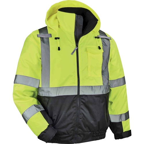 GloWear 8377 Type R Class 3 Hi-Vis Quilted Bomber Jacket - Recommended for: Accessories, Construction, Baggage Handling, Gloves, Transportation - Extra Large Size - Velcro Strap - Drawstring Closure Closure - Polyurethane, Polyurethane - Lime - Machine Wa