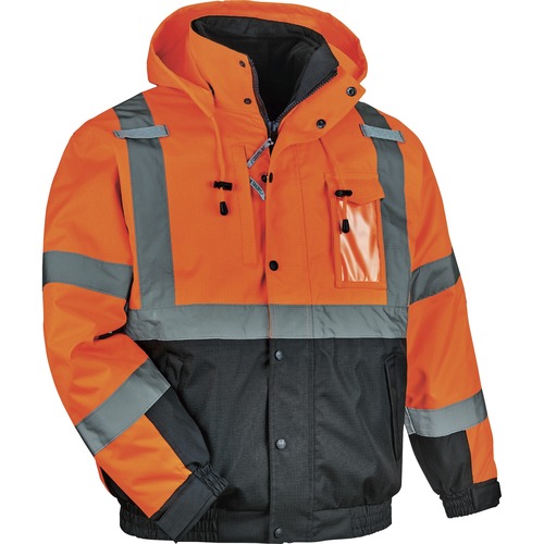 Ergodyne 8381 Hi-Vis 4-in-1 Bomber Jacket Type R Class 3 - Recommended for: Accessories, Baggage Handling, Transportation, Snowmobiling, Hiking - Medium Size - Hook & Loop Wrist - Drawstring Closure Closure - Polyurethane, Polyurethane - Orange - Machine 