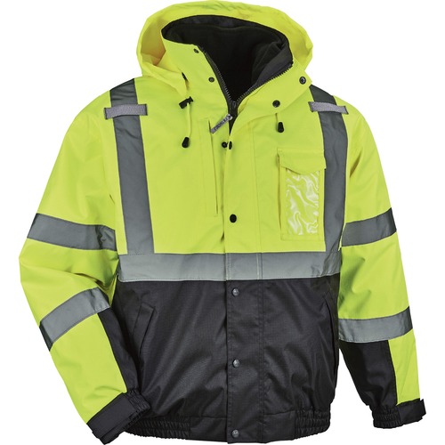 Ergodyne 8381 Hi-Vis 4-in-1 Bomber Jacket Type R Class 3 - Recommended for: Accessories, Baggage Handling, Transportation, Snowmobiling, Hiking - 4-Xtra Large Size - Hook & Loop Wrist - Drawstring Closure Closure - Polyurethane, Polyurethane - Lime - Mach