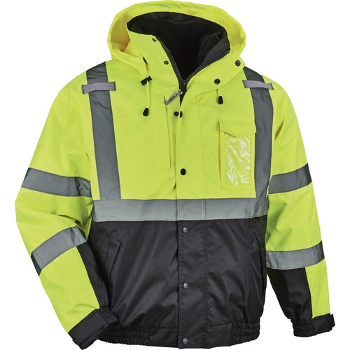 Ergodyne 8381 Hi-Vis 4-in-1 Bomber Jacket Type R Class 3 - Recommended for: Accessories, Baggage Handling, Transportation, Snowmobiling, Hiking - 5-Xtra Large Size - Hook & Loop Wrist - Drawstring Closure Closure - Polyurethane, Polyurethane - Lime - Mach