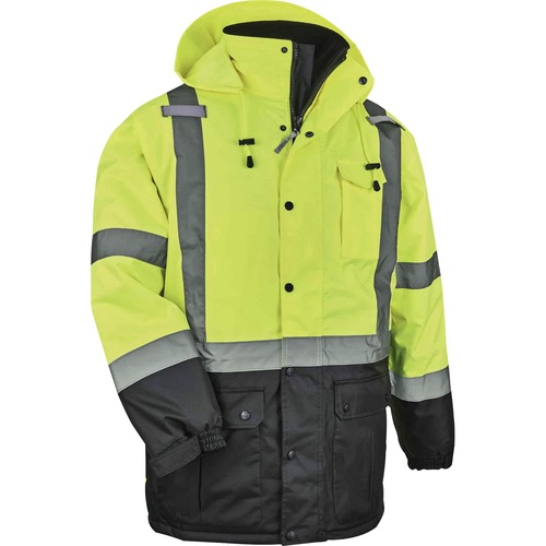 Ergodyne 8384 Type R Class 3 Hi-Vis Quilted Thermal Parka - Recommended for: Accessories, Construction, Baggage Handling - Small Size - Velcro Strap - Drawstring Closure Closure - Polyurethane, Polyurethane - Lime - Machine Washable, Mic Tab, Cell Phone P