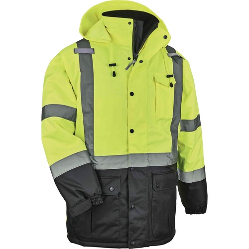 Ergodyne 8384 Type R Class 3 Hi-Vis Quilted Thermal Parka - Recommended for: Accessories, Construction, Baggage Handling - 2-Xtra Large Size - Velcro Strap - Drawstring Closure Closure - Polyurethane, Polyurethane - Lime - Machine Washable, Mic Tab, Cell 