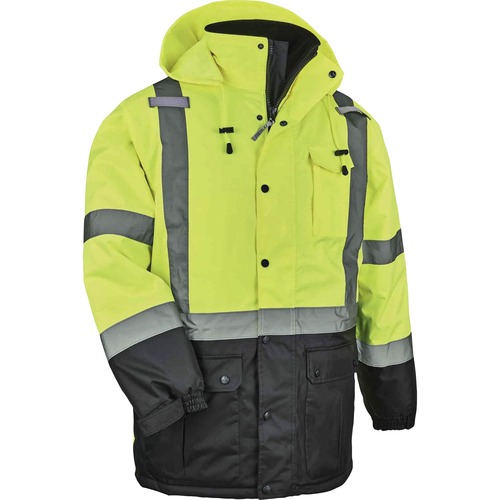 Ergodyne 8384 Type R Class 3 Hi-Vis Quilted Thermal Parka - Recommended for: Accessories, Construction, Baggage Handling - 3-Xtra Large Size - Velcro Strap - Drawstring Closure Closure - Polyurethane, Polyurethane - Lime - Machine Washable, Mic Tab, Cell 