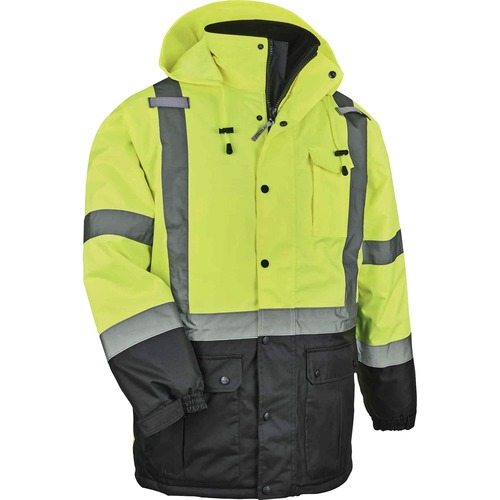 Ergodyne 8384 Type R Class 3 Hi-Vis Quilted Thermal Parka - Recommended for: Accessories, Construction, Baggage Handling - 4-Xtra Large Size - Velcro Strap - Drawstring Closure Closure - Polyurethane, Polyurethane - Lime - Machine Washable, Mic Tab, Cell 