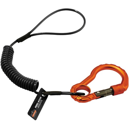 Squids 3156 Coil Tool Lanyard with Single Carabiner - 2lbs / 0.9kg - 6 / Carton - 2 lb Load Capacity - Carabiner Attachment - 1.5" Height x 4" Width x 48" Length - Black - Aluminum, Plastic