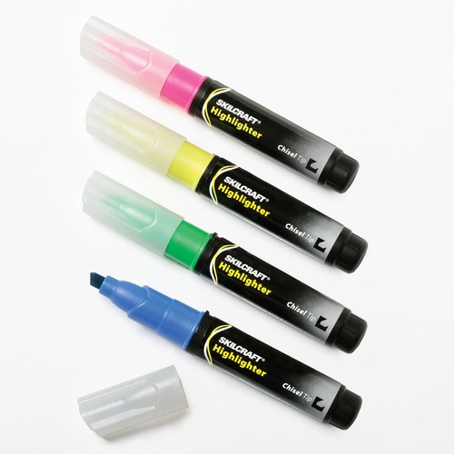SKILCRAFT® Highlighters - Chisel Marker Point - Fluorescent Yellow, Fluorescent Pink, Fluorescent Blue, Fluorescent Green Ink - 4 / Set