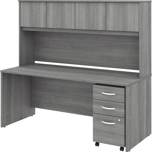 Bush Business Furniture Studio C 72W x 30D Office Desk with Hutch and Mobile File Cabinet - 72" x 30" Desk, 72" Hutch - 3 x File, Box Drawer(s) - 4 Door(s) - Band Edge - Finish: Platinum Gray, Thermofused Laminate (TFL)
