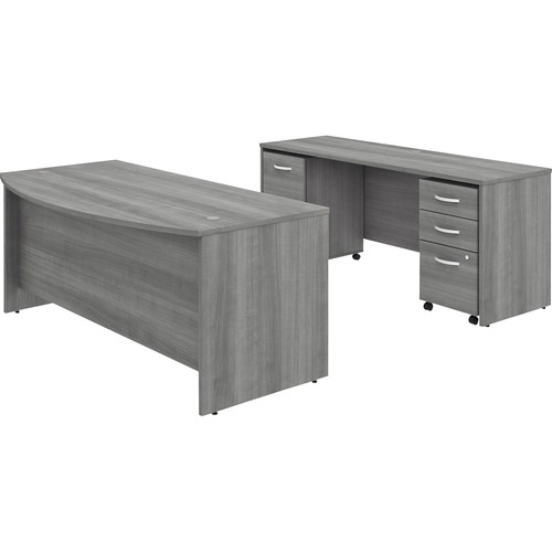 Bush Business Furniture Studio C 72W x 36D Bow Front Desk and Credenza with Mobile File Cabinets - 72" x 36" Front Desk, 72" x 24" Credenza Desk - 5 x Box, File Drawer(s) - Finish: Platinum Gray, Thermofused Laminate (TFL)