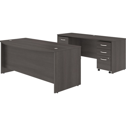 Bush Business Furniture Studio C 72W x 36D Bow Front Desk and Credenza with Mobile File Cabinets - 72" x 36" Front Desk, 72" x 24" Credenza Desk - 5 x Box, File Drawer(s) - Finish: Storm Gray, Thermofused Laminate (TFL)