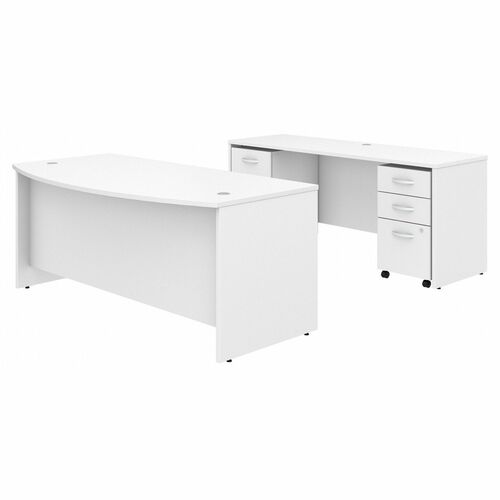 Bush Business Furniture Studio C 72W x 36D Bow Front Desk and Credenza with Mobile File Cabinets - 72" x 36" Front Desk, 72" x 24" Credenza Desk - 5 x Box, File Drawer(s) - Finish: White, Thermofused Laminate (TFL)