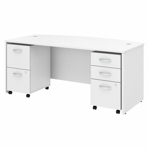 Bush Business Furniture Studio C 72W X 36D Bow Front Desk With Mobile File Cabinets - 72" x 36" Front Desk - 5 x File, Box Drawer(s) - Finish: White, Thermofused Laminate (TFL)