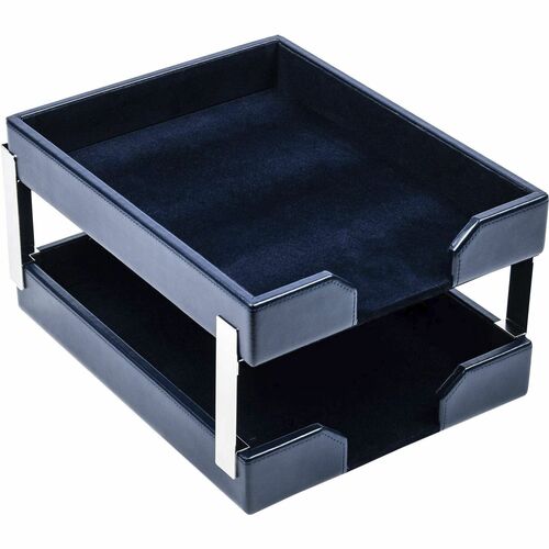 Dacasso Bonded Leather Double Letter Trays - Desktop - Navy Blue - Bonded Leather, Velveteen - 1 Each