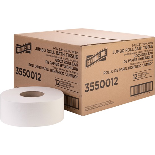 Genuine Joe Jumbo Jr Dispenser Bath Tissue Roll - 2 Ply - 3.30" x 500 ft - 8.88" Roll Diameter - White - Fiber - Sewer-safe, Septic Safe - For Bathroom - 12 / Carton