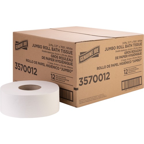 Genuine Joe Jumbo Jr Dispenser Bath Tissue Roll - 2 Ply - 3.30" x 700 ft - 8.88" Roll Diameter - White - Fiber - Sewer-safe, Septic Safe - For Bathroom - 12 / Carton