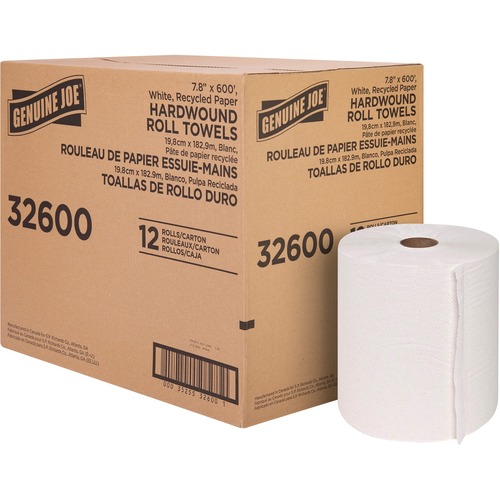 Genuine Joe Hardwound Roll Paper Towels - 7.80" x 600 ft - 2" Core - White - Paper - Absorbent - For Restroom - 12 / Carton
