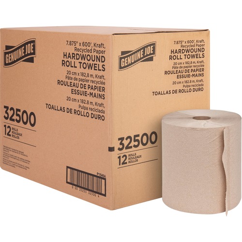 Genuine Joe Embossed Hardwound Roll Towels - 7.88" x 600 ft - 2" Core - Brown - Absorbent - For Restroom - 12 / Carton