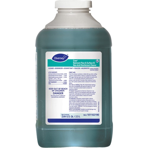 Diversey Crew Restroom Disinfectant Cleaner - 84.5 fl oz (2.6 quart) - Fresh ScentBottle - 2 / Carton - Deodorize, No-mess, Rinse-free - Green