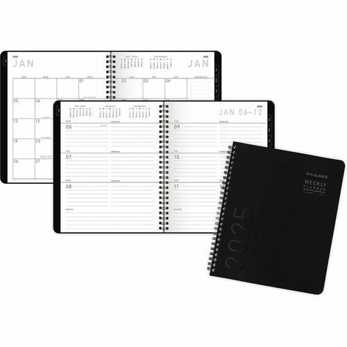 At-A-Glance Contemporary Lite Planner - Medium Size - Monthly, Weekly - 12 Month - January 2024 - December 2024 - 1 Week, 1 Month Double Page Layout - 7" x 8 3/4" White Sheet - Wire Bound - Black - Paper, Faux Leather - Black, Gold CoverBleed Resistant Pa
