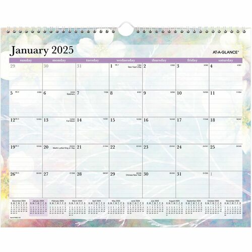 At-A-Glance Dreams Wall Calendar - Medium Size - Julian Dates - Monthly - 12 Month - January 2024 - December 2024 - 1 Month Single Page Layout - 15" x 12" White Sheet - Wire Bound - Blue, White, Purple, Yellow - Paper - 12" Height x 15" Width - Dated Plan
