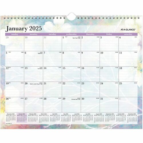 At-A-Glance Dreams Wall Calendar - Medium Size - Julian Dates - Monthly - 12 Month - January 2025 - December 2025 - 1 Month Single Page Layout - 15" x 12" White Sheet - Wire Bound - Blue, White, Purple, Yellow - Paper - 12" Height x 15" Width - Dated Plan