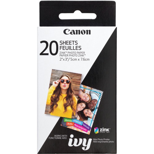 Canon ZINK Photo Paper - 2" x 3" - Glossy - 1 Each - 20 Sheets - Smudge-free, Water Resistant, Tear Resistant - White