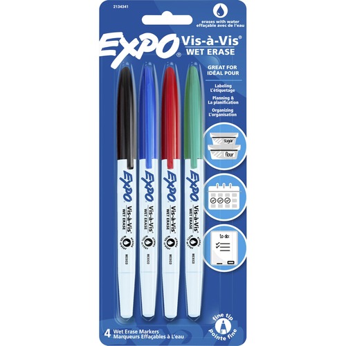 Expo Vis-à-Vis Wet-Erase Markers - Fine Marker Point - Multi - 4 / Pack - Overhead Transparency Markers - SAN2134341