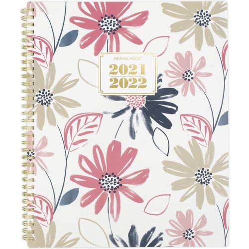 At-A-Glance Badge Academic Weekly Monthly Planners, 8 1/2" x 11" - Large Size - Academic - Julian Dates - Weekly, Monthly - 13 Month - July 2021 - July 2022 - 1 Month, 1 Week Double Page Layout - White Sheet - Twin Wire - Gold - Paper, Poly - Floral, Pink