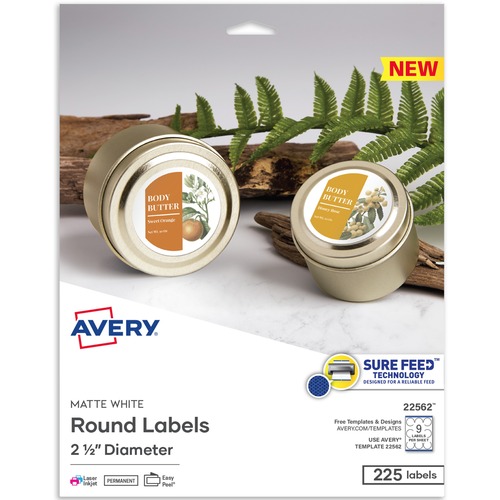 Avery® Matte White Sure Feed Labels - - Width2 1/2" Diameter - Permanent Adhesive - Round - Laser, Inkjet - White - Paper - 9 / Sheet - 25 Total Sheets - 225 Total Label(s) - 225 / Pack