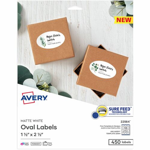 Avery® Matte White Sure Feed Labels - 1 1/2" Height x 2 1/2" Width - Permanent Adhesive - Oval - Laser, Inkjet - White - Paper - 18 / Sheet - 25 Total Sheets - 450 Total Label(s) - 450 / Pack