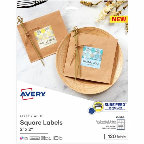 Avery® Sure Feed Glossy White Square Labels - 2" Width x 2" Length - Permanent Adhesive - Square - Laser, Inkjet - White - Paper - 12 / Sheet - 10 Total Sheets - 120 Total Label(s) - 120 / Pack