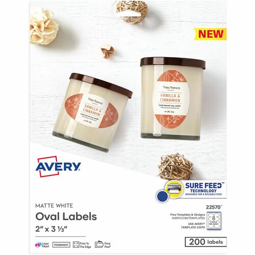 Avery® Matte White Sure Feed Labels - 2" Width x 3 21/64" Length - Permanent Adhesive - Oval - Laser, Inkjet - White - Paper - 8 / Sheet - 25 Total Sheets - 200 Total Label(s) - 200 / Pack