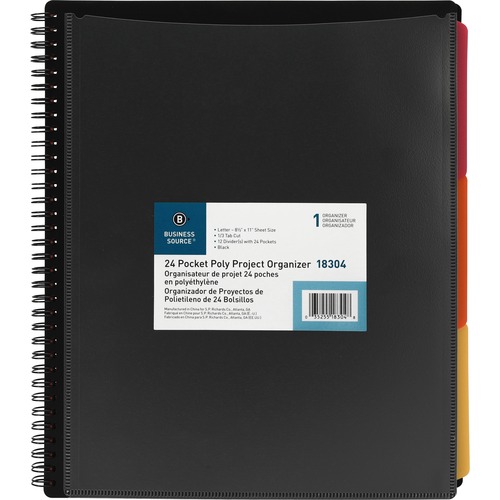 Business Source 1/3 Tab Cut Letter Organizer Folder - 8 1/2" x 11" - Spiral Fastener - 24 Pocket(s) - Black - 1 Each