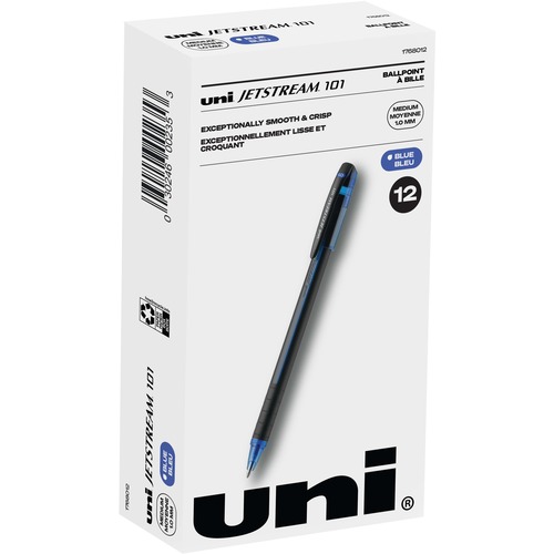 uni® Jetstream 101 Ballpoint Pen - Medium Pen Point - 1 mm Pen Point Size - Blue Gel-based Ink - Black, Blue Barrel - 1 Dozen