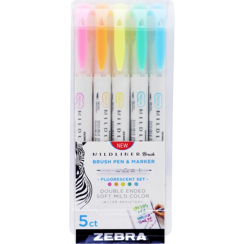 Zebra Pen Mildliner Brush Double-ended Creative Marker Fluorescent Pack - Fine Marker Point - Brush Marker Point Style - Fluorescent Pink Pigment-based, Fluorescent Orange, Fluorescent Yellow, Fluorescent Blue, Fluorescent Green Ink - 5 / Pack
