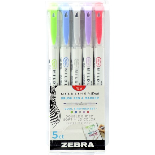 Zebra Pen Mildliner Brush Double-ended Creative Marker Cool and Refined Pack - Fine Marker Point - Brush Marker Point Style - Green Pigment-based, Dark Blue, Gray, Violet, Red Ink - 5 / Pack