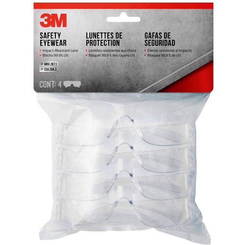 3M Safety Glasses - Recommended for: Indoor/Outdoor - Eye, Flying Particle, Ultraviolet, Light, Impact Protection - Clear Lens - Clear Frame - Anti-scratch, Wraparound Design, Low Profile, Durable, Contoured, Lightweight, Impact Resistant, Wraparound Fram