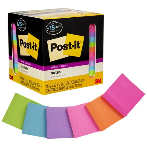 Post-it® Super Sticky Notes - 15 - 3" x 3" - Square - 45 Sheets per Pad - Neon Orange, Tropical Pink, Power Pink, Iris, Blue Paradise, Neon Green Limeade - Adhesive, Recyclable - 15 / Pack - Adhesive Note Pads - MMM65415SSCP