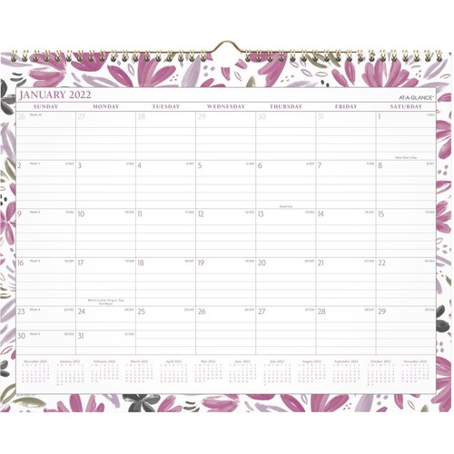 At-A-Glance Badge Floral 2022 Monthly Wall Calendar, Medium, 15" x 12" - Medium Size - Julian Dates - Monthly - 12 Month - January 2022 - December 2022 - 1 Month Single Page Layout - 15" x 12" White Sheet - Twin Wire - Pink, Floral, Purple, Green, Gray, G