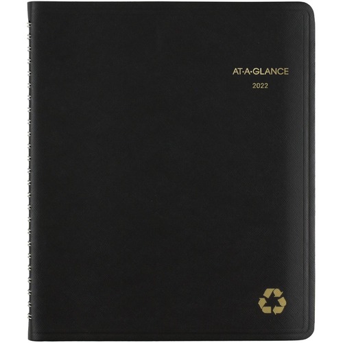 At-A-Glance Recycled 2022 Weekly Monthly Appointment Book Planner, Black, Medium, 7" x 8 3/4" - Medium Size - Julian Dates - Weekly, Monthly - January 2022 - December 2022 - Quarter-hourly, 7:00 AM to 8:45 PM - Monday - Friday, 7:00 AM to 5:30 PM - Saturd