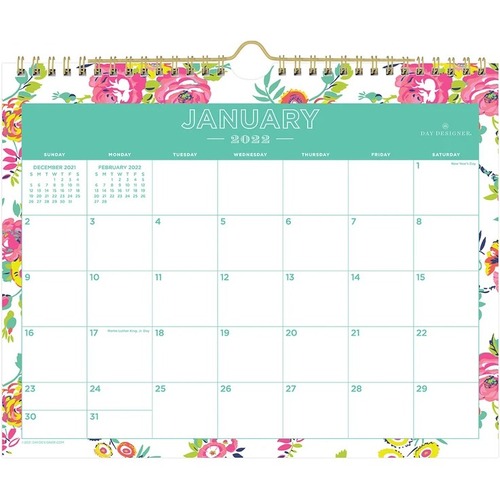 Day Designer 2022 Peyton White 11 x 8.75 Monthly Wall Calendar - Personal/Home Office - Monthly - 12 Month - January 2022 - December 2022 - 1 Month Single Page Layout - White Sheet - Twin Wire - Gold, Multicolor - Paper - Unruled Daily Block, Reference Ca