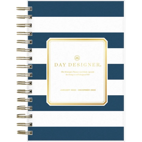 Day Designer 2022 Daily Planner Navy Stripe 5 x 8 - Small Size - Daily, Monthly - January 2022 - December 2022 - 1 Day Single Page Layout 1 Month Double Page Layout - 5" x 8" Sheet Size - Twin Wire - Poly - Flexible Frosted Cover, Pocket, Daily Schedule, 