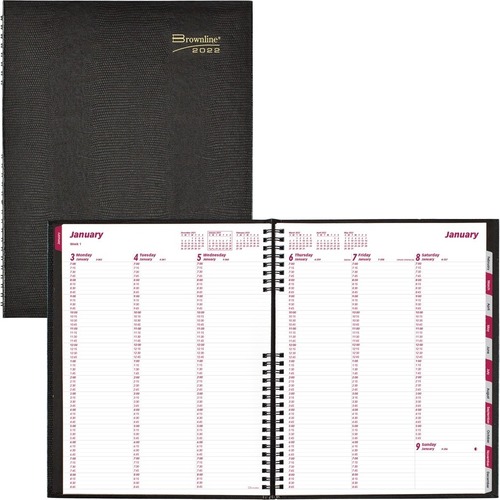 Brownline CoilPRO Weekly Appointment Book 2022, Black - Weekly - 12 Month - January 2022 - December 2023 - 7:00 AM to 8:45 PM - Monday - Friday, 7:00 AM to 5:45 PM - Saturday, Sunday - 1 Week Double Page Layout - Twin Wire - Black - Paper - 11" Height x 8