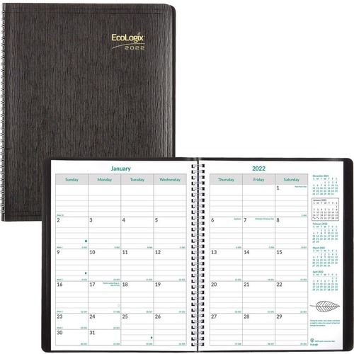 Brownline EcoLogix Monthly Planner 2022, Black - Weekly - 14 Month - December 2021 - January 2023 - 1 Month Double Page Layout - Twin Wire - Black - Paper - 11" Height x 8.5" Width - Ruled Daily Block, Ecological Tip, Ruled Planning Space, Ecological Tip,