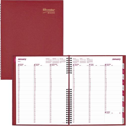Brownline CoilPRO Weekly Appointment Book 2022, Red - Weekly - 12 Month - January 2022 - December 2023 - 7:00 AM to 8:45 PM - Monday - Friday, 7:00 AM to 5:45 PM - Saturday, Sunday - 1 Week Double Page Layout - Twin Wire - Red - Paper - 11" Height x 8.5" 