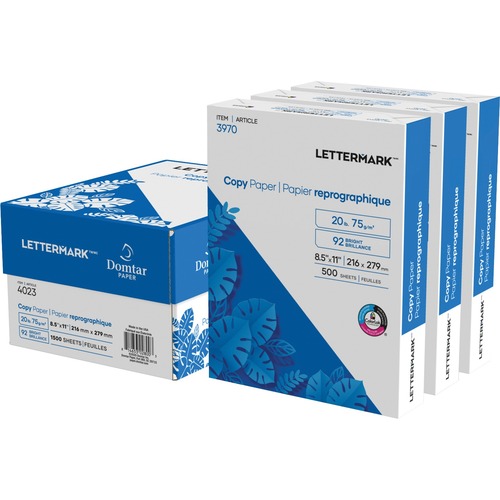 Lettermark Copy & Multipurpose Paper - White - 92 Brightness - Letter - 8 1/2" x 11" - 20 lb Basis Weight - 3 / Case - 500 - SFI - ColorLok Technology