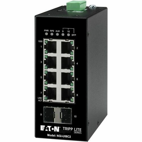 Tripp Lite Ethernet Switch Unmanaged 8Port Industrial DIN Mount 10/100 Mbps - 8 Ports - Gigabit Ethernet - 10/100/1000Base-T, 1000Base-X - TAA Compliant - 2 Layer Supported - Modular - 2 SFP Slots - 11 W Power Consumption - Twisted Pair, Optical Fiber - D