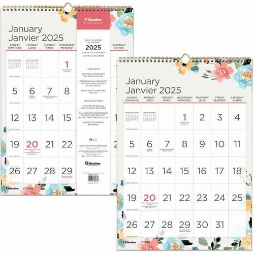 Blueline® Spring Monthly Wall Calendar - Personal/Home Office - Monthly - 12 Month - January 2024 till December 2024 - 1 Month Single Page Layout - 12" x 17" Sheet Size - Twin Wire - Gold - Chipboard, Paper - Eyelet, Reinforced, Daily Block, Reference