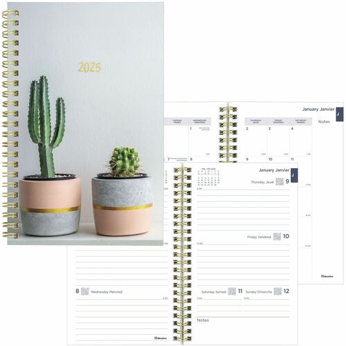 Blueline® Succulent Plant Weekly/Monthly Planner - Monthly, Weekly - January 2024 - December 2024 - Twin Wire - Gold - Durable Cover, Ruled Planning Space - 1 Each